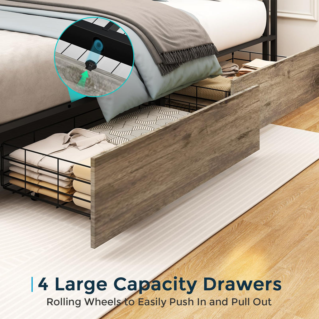 Metal Platform King Bed Frame Wood with 4 Drawers, LED Light, Charging Station, No Box Spring Needed, Noise Free, Easy Assembly, Grey