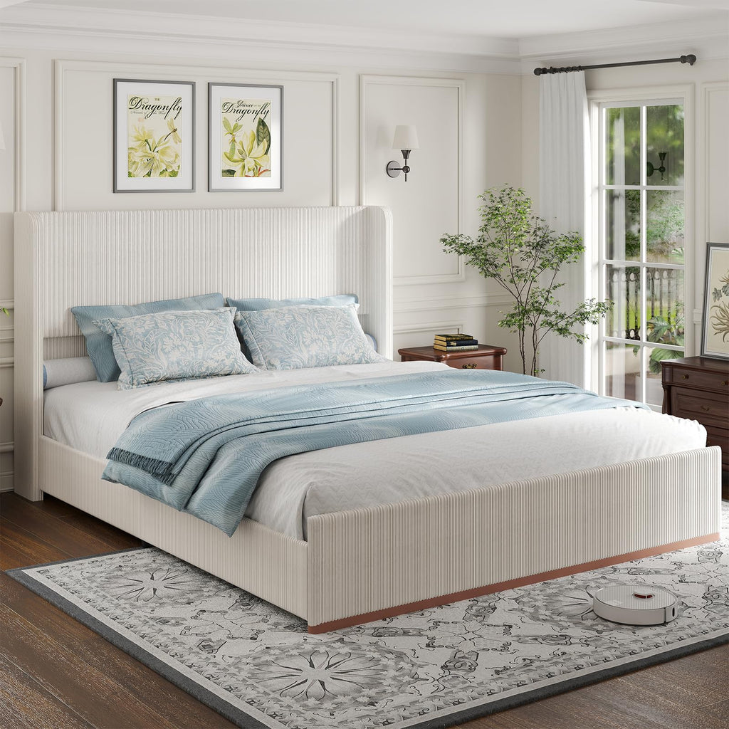 Queen Size Upholstered Platform Bed Frame, Soft Corduroy Bed Frame Queen with 47" Headboard, Solid Steel Slats, No Box Spring Needed, Noise Free, Easy Assembly, Cream