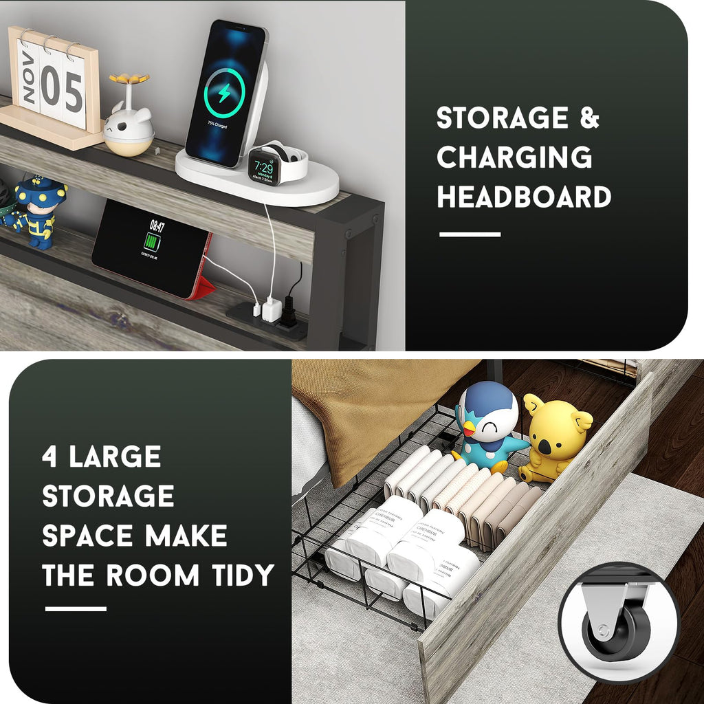 Full Size Lift Up Storage Bed Frame with Charging Station