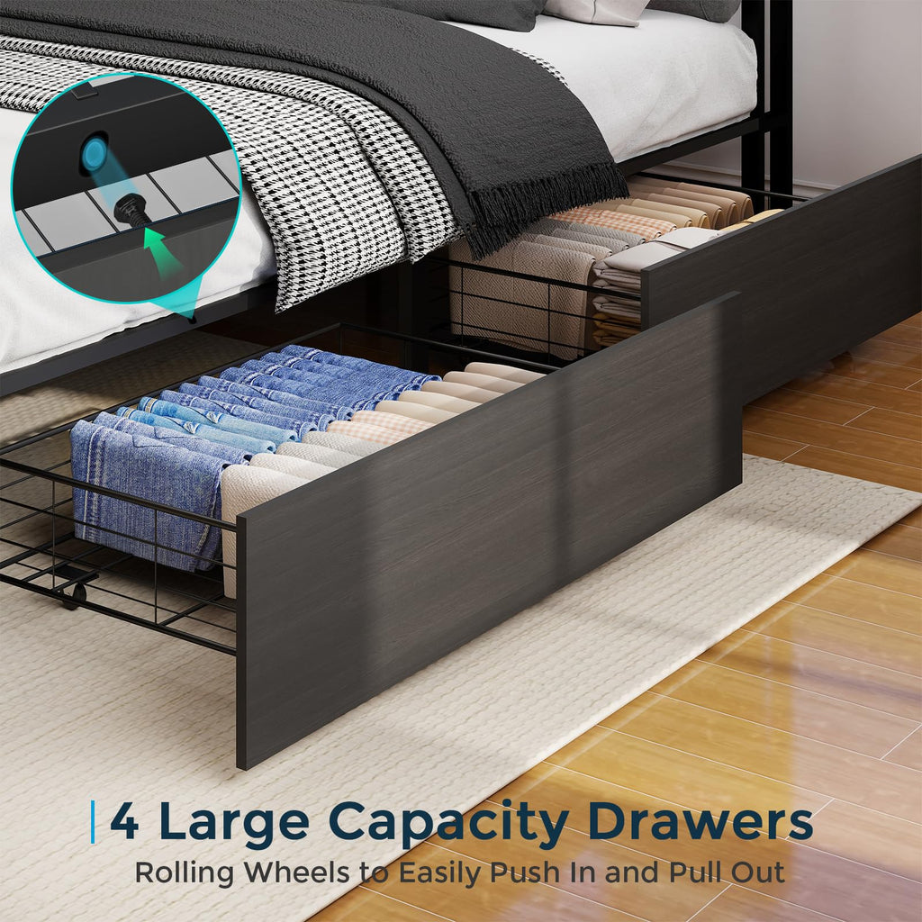 Metal Platform King Bed Frame Wood with 4 Drawers, LED Light, Charging Station, No Box Spring Needed, Noise Free, Easy Assembly, Grey