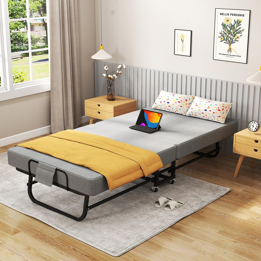 Folding Bed with Mattress for Adults, Portable Foldable Roll Away Bed on Wheels