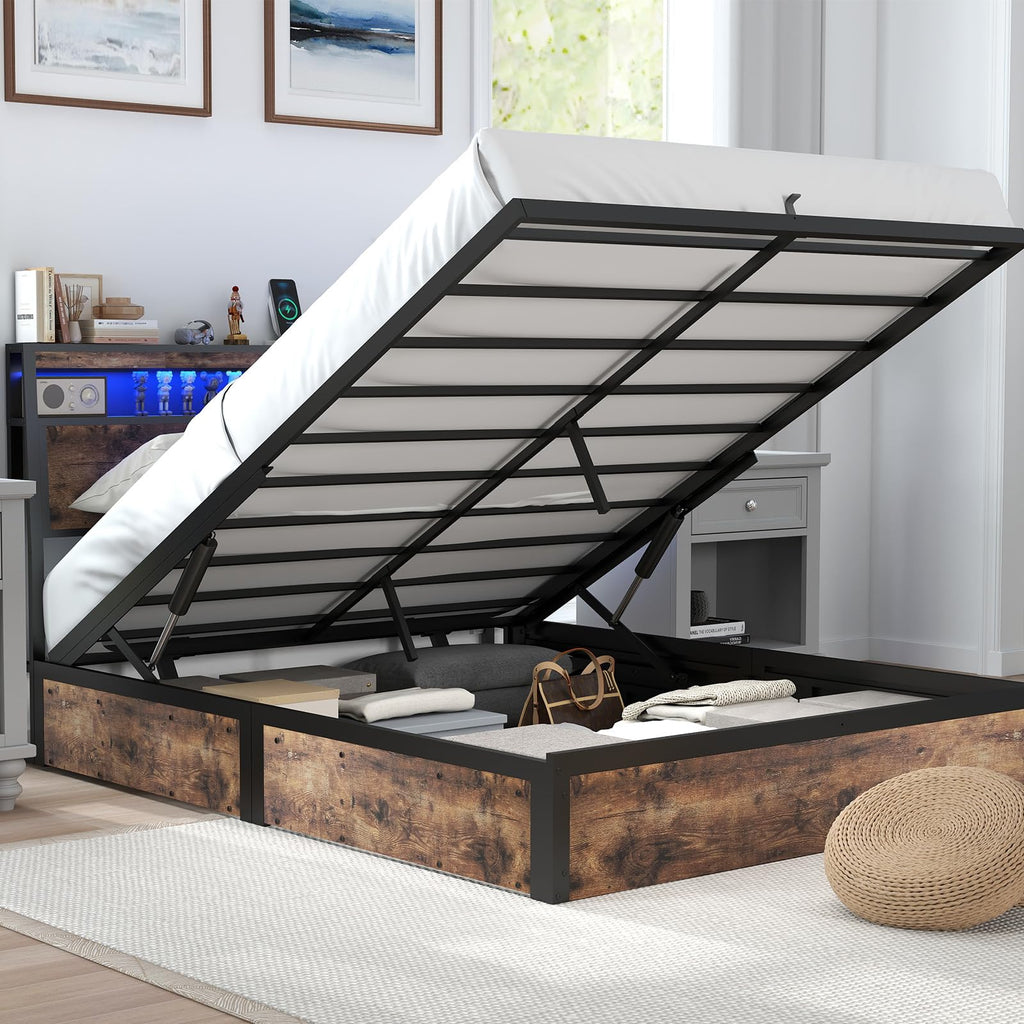 Full Size Lift Up Storage Bed Frame with Charging Station