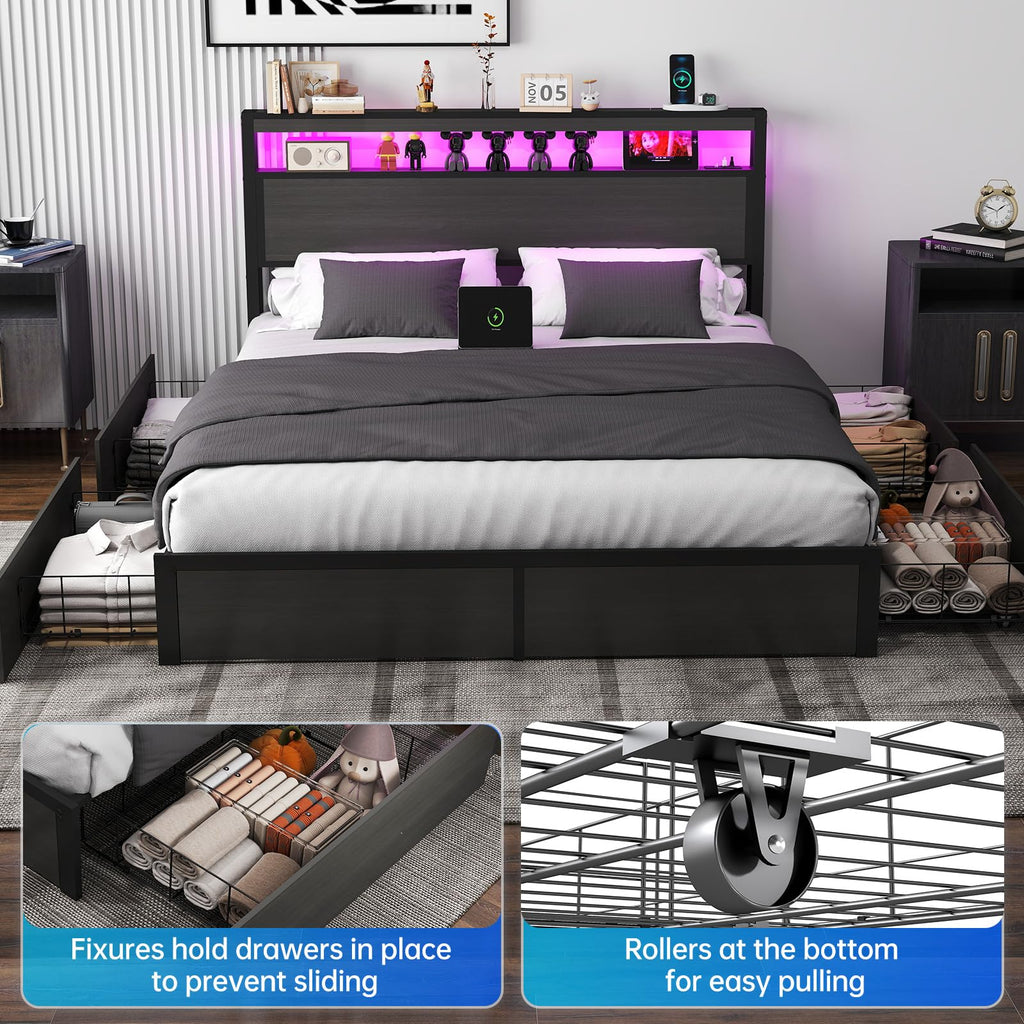 Full Size Lift Up Storage Bed Frame with Charging Station
