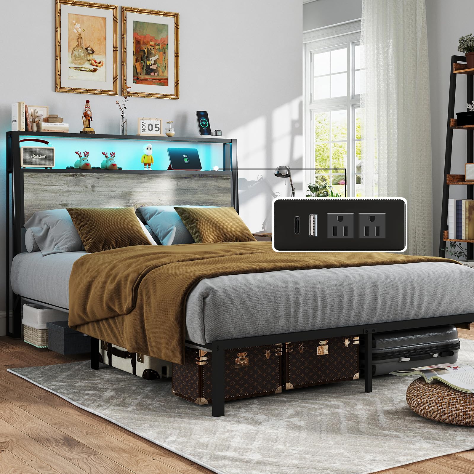 Metal Platform Bed Frame with LED Lights & Charging Station, Under Bed Storage, No Box Spring Needed, Noise Free, Dark Grey