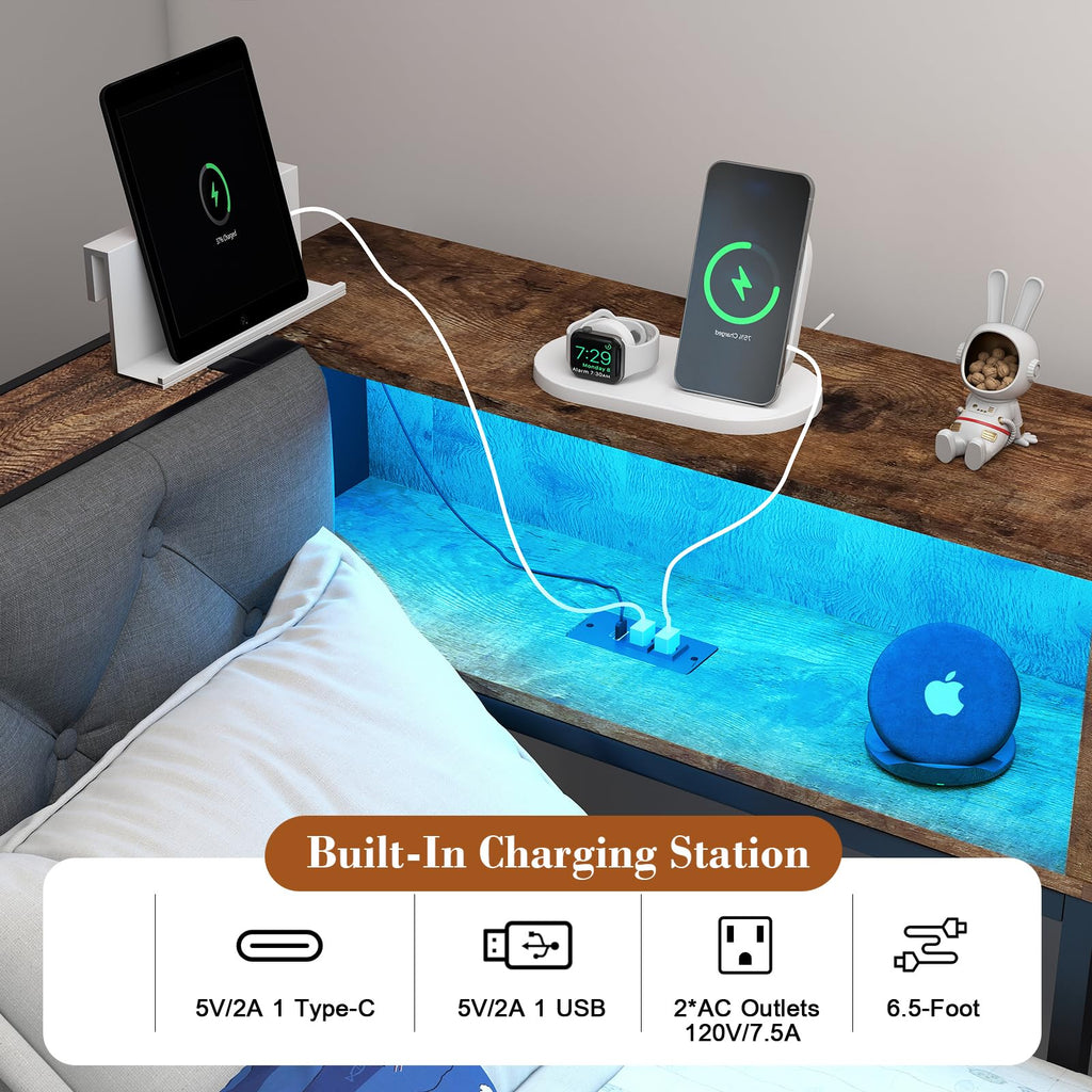 Corner Bed Frame with Storage Bookcase and LED Lights