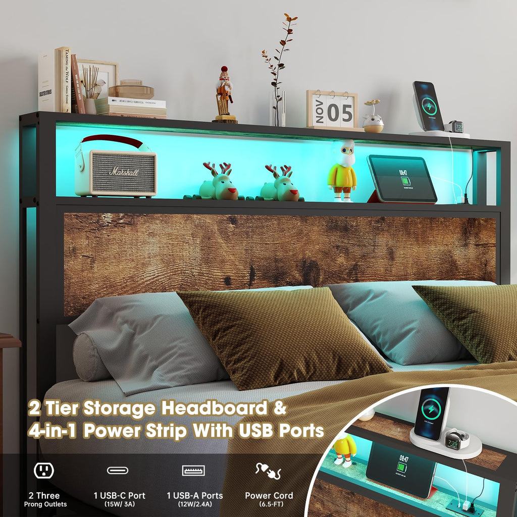 Metal Platform Bed Frame with LED Lights & Charging Station, Under Bed Storage, No Box Spring Needed, Noise Free, Dark Grey