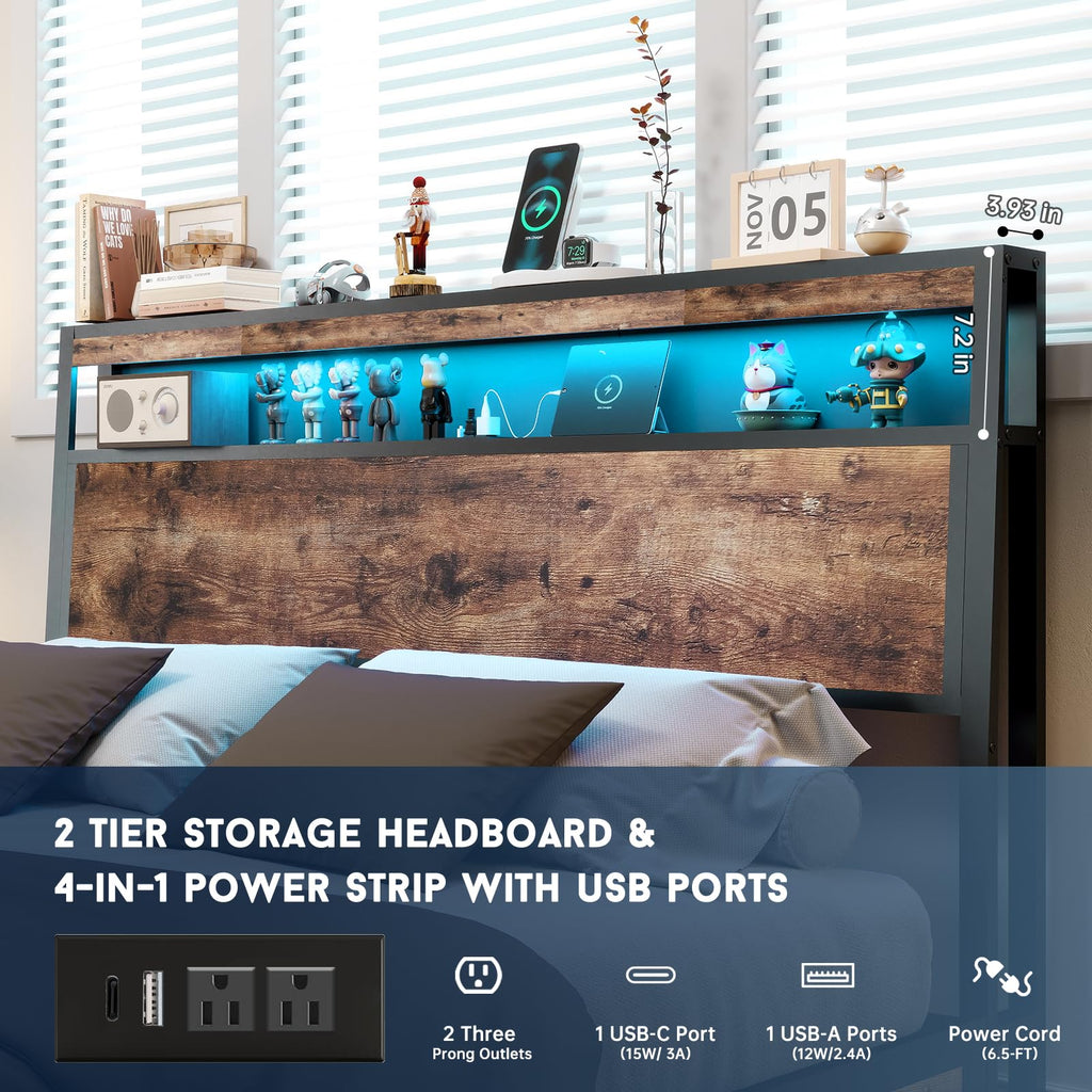 Full Size Lift Up Storage Bed Frame with Charging Station