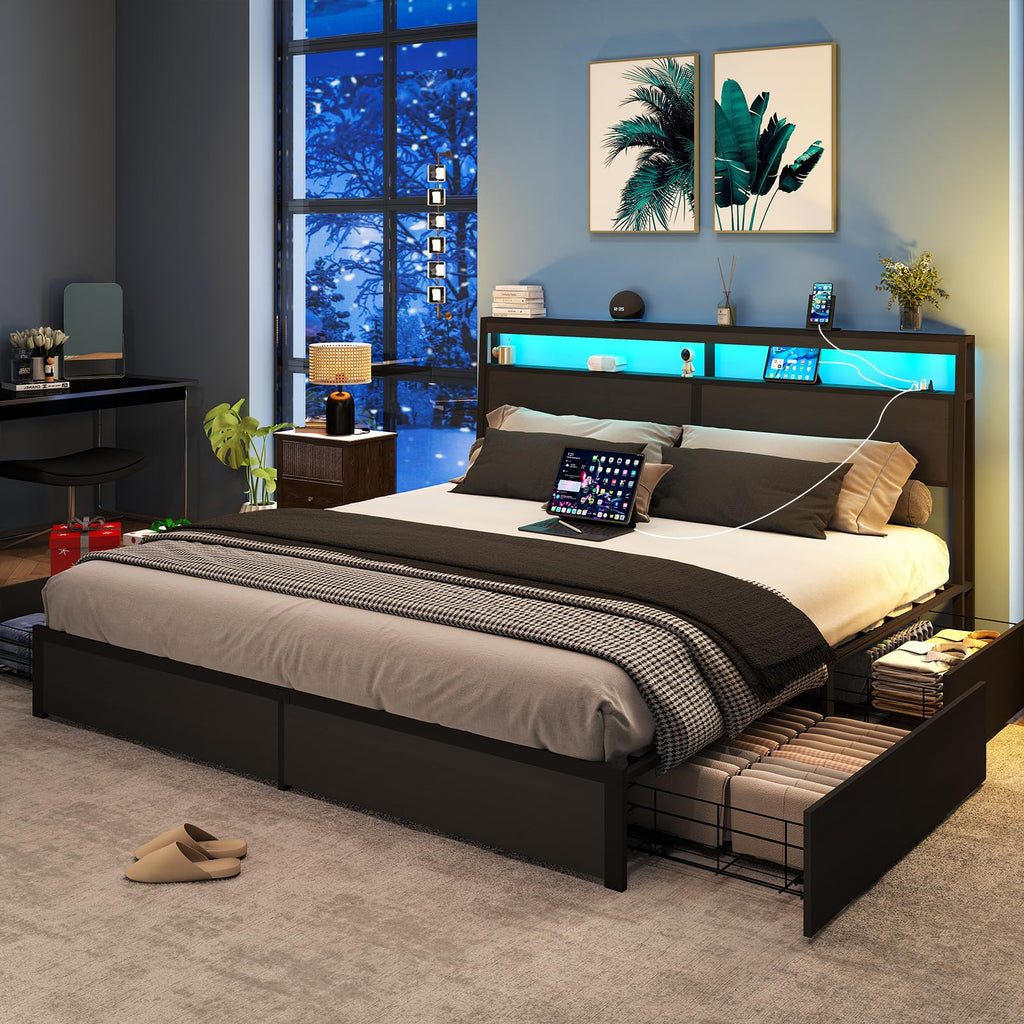 Metal Platform King Bed Frame Wood with 4 Drawers, LED Light, Charging Station, No Box Spring Needed, Noise Free, Easy Assembly, Grey