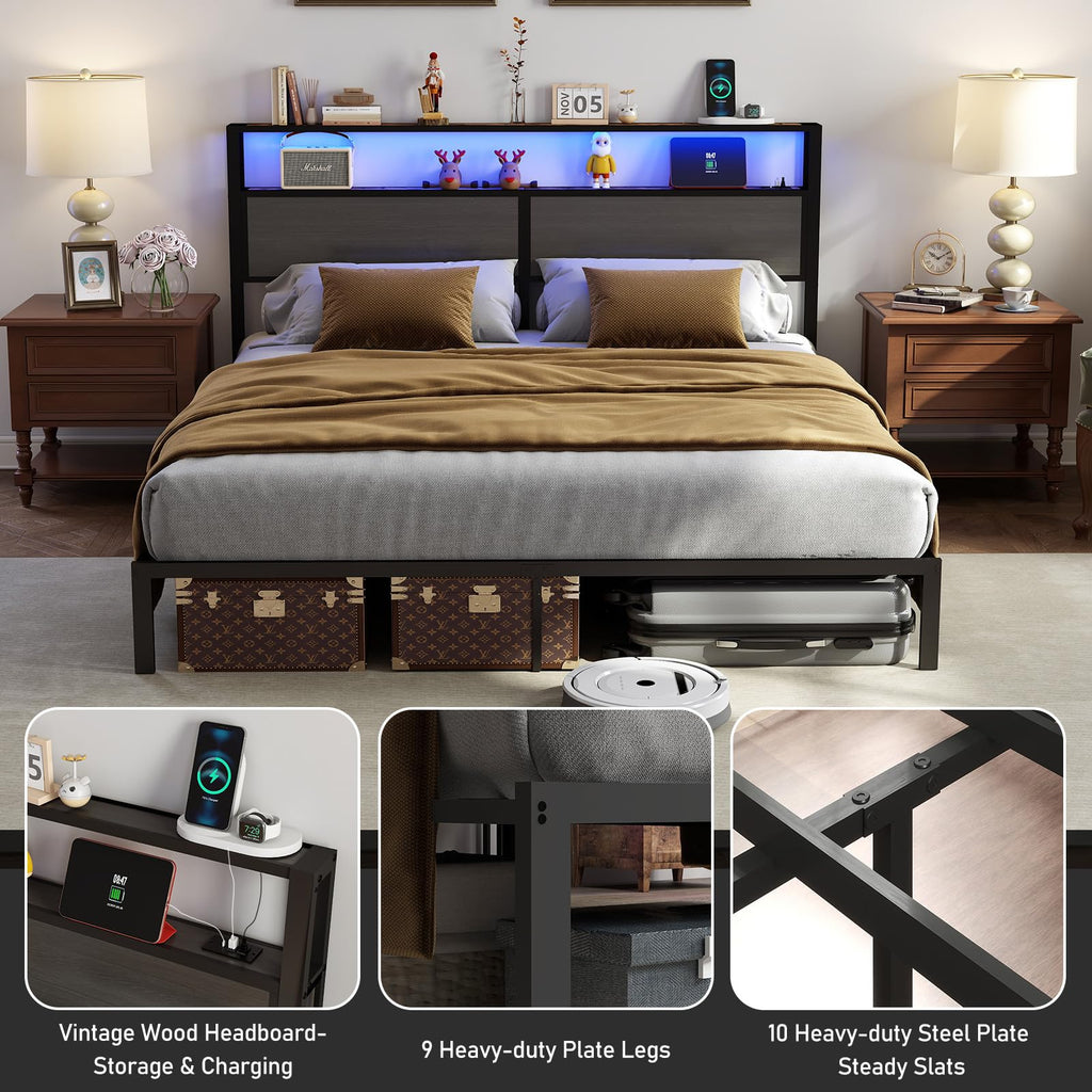 Metal Platform Bed Frame with LED Lights & Charging Station, Under Bed Storage, No Box Spring Needed, Noise Free, Dark Grey