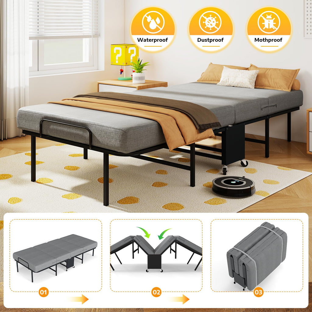 Folding Bed with Mattress for Adults, Portable Foldable Roll Away Bed on Wheels