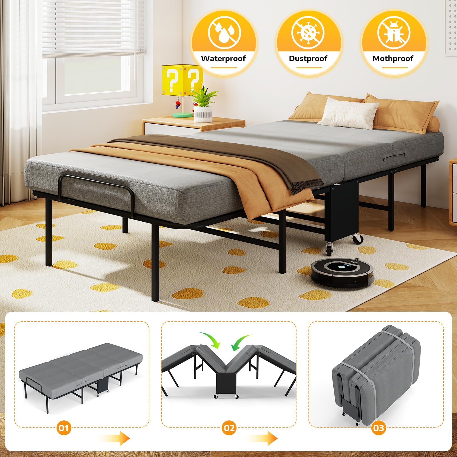 Folding Bed with Mattress for Adults, Portable Foldable Roll Away Bed on Wheels
