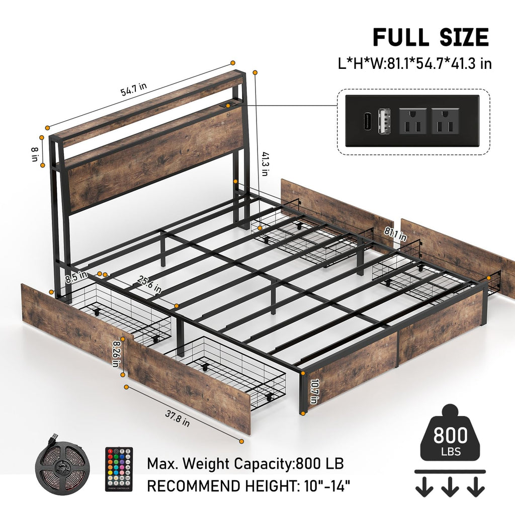 Full Size Lift Up Storage Bed Frame with Charging Station