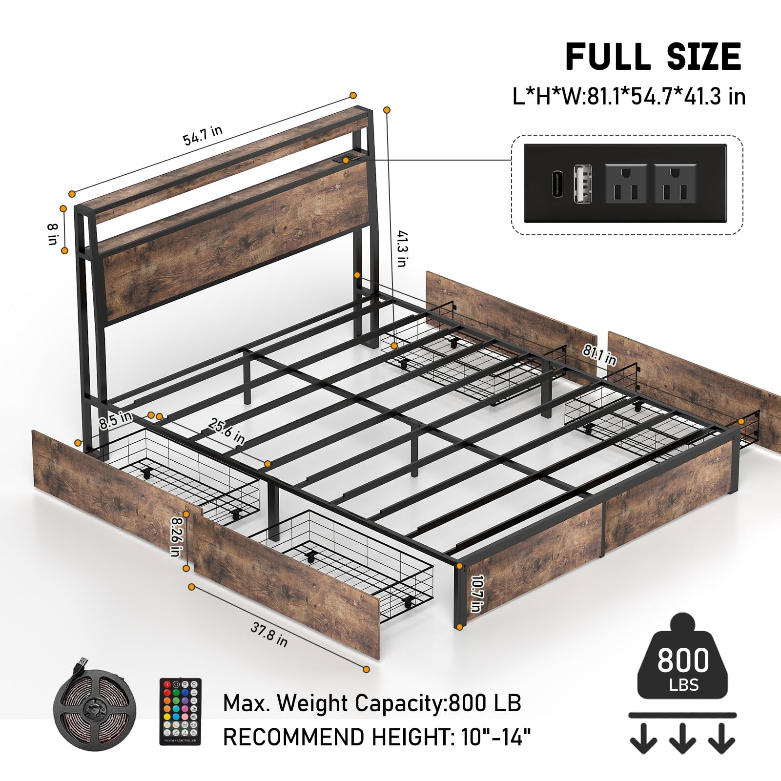 Full Size Lift Up Storage Bed Frame with Charging Station