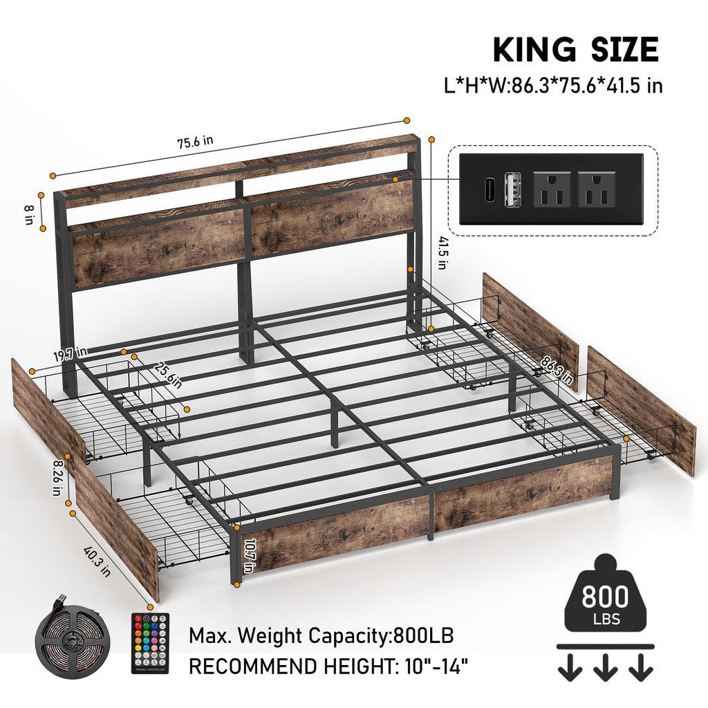 Full Size Lift Up Storage Bed Frame with Charging Station