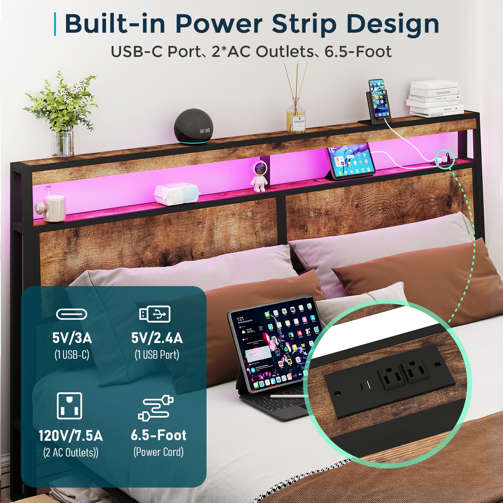 Metal Platform King Bed Frame Wood with 4 Drawers, LED Light, Charging Station, No Box Spring Needed, Noise Free, Easy Assembly, Grey