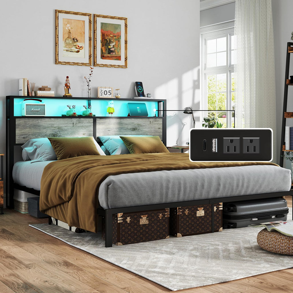 Metal Platform Bed Frame with LED Lights, Charging Station & Under-Bed Storage | Full, Queen & King