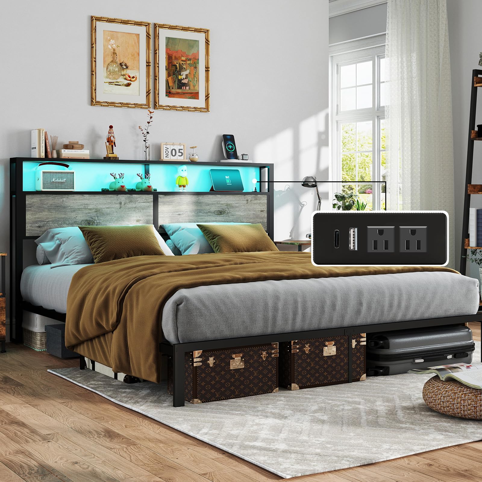 Metal Platform Bed Frame with LED Lights & Charging Station, Under Bed Storage, No Box Spring Needed, Noise Free, Dark Grey