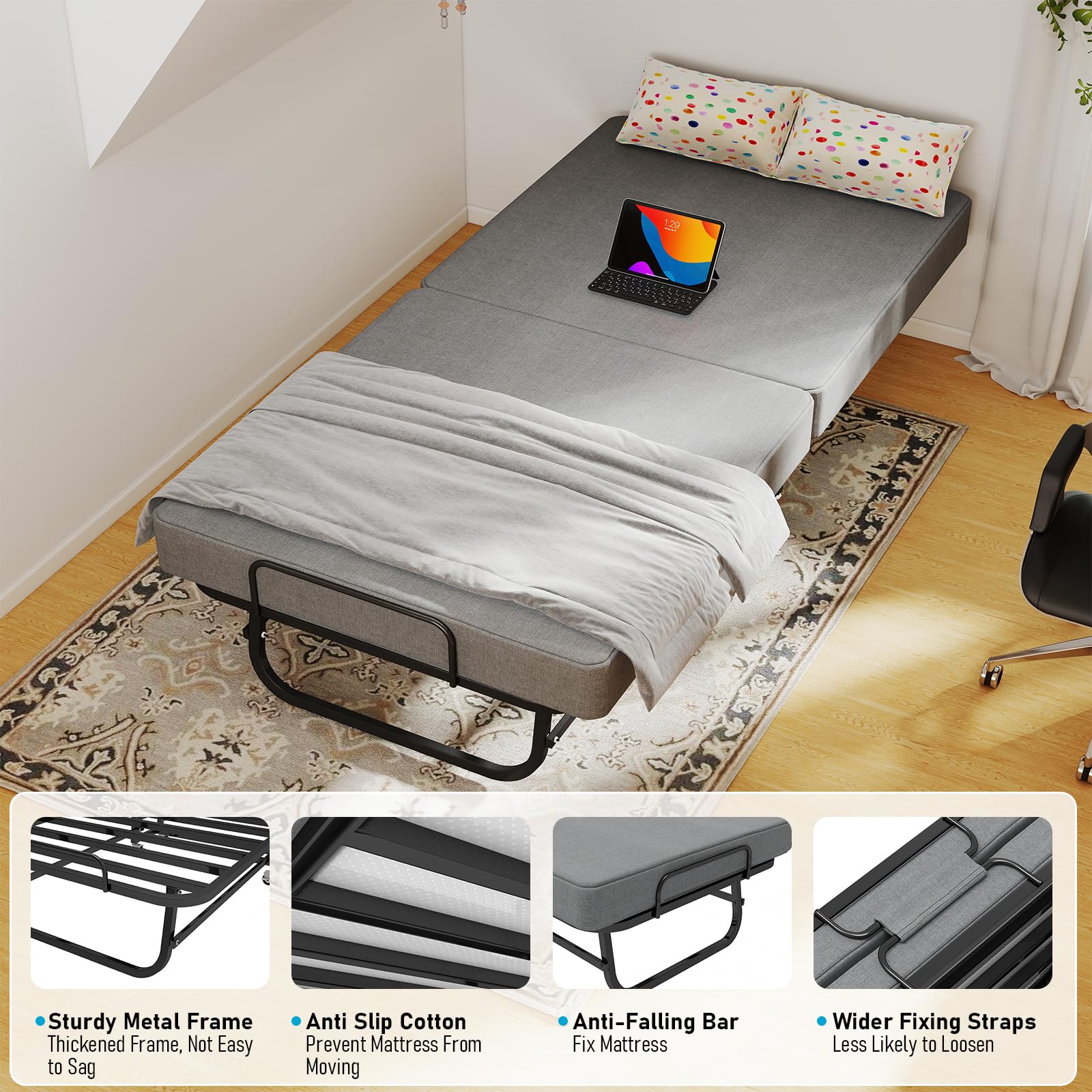 Folding Bed with Mattress for Adults, Portable Foldable Roll Away Bed on Wheels
