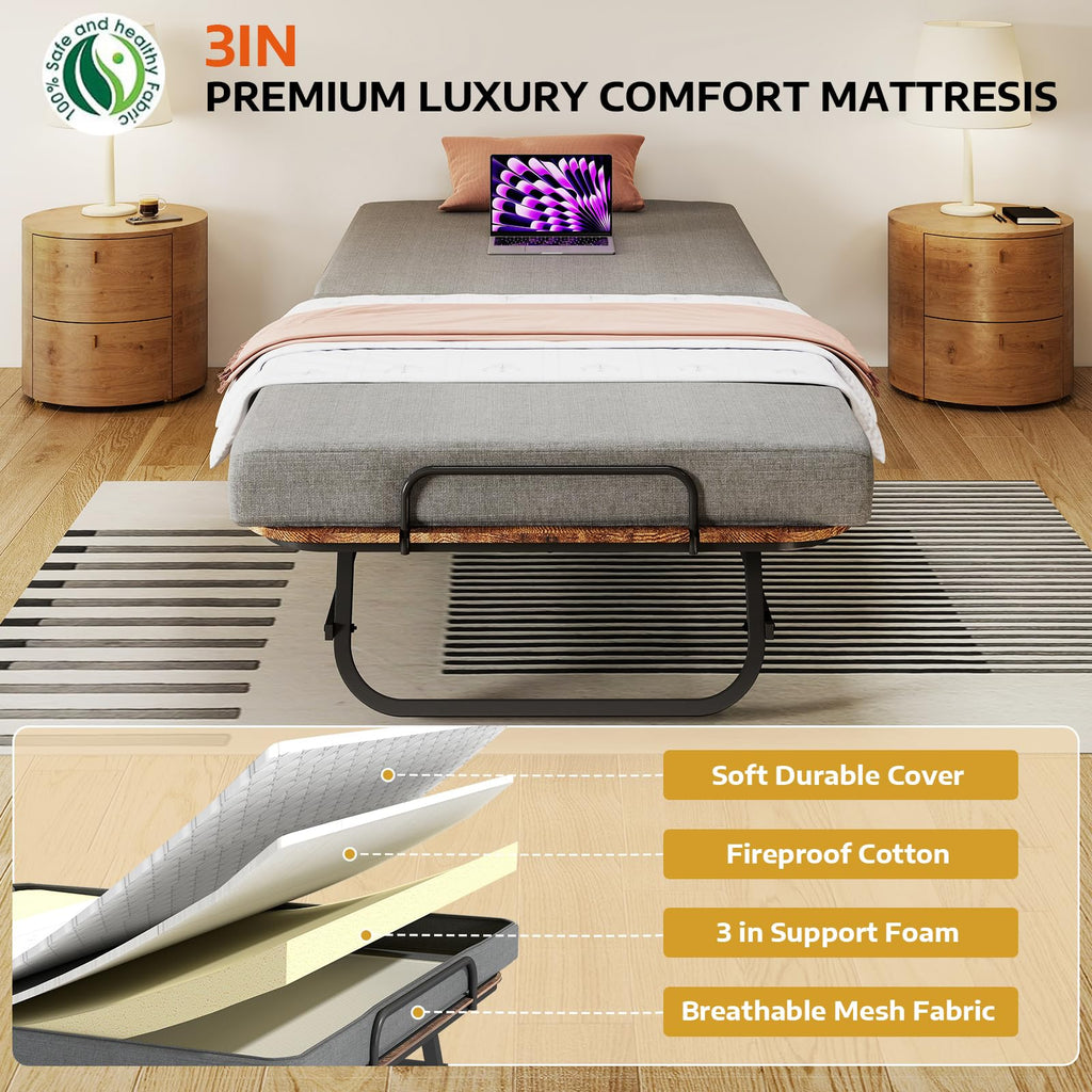 Folding Bed with Mattress for Adults, Portable Foldable Roll Away Bed on Wheels