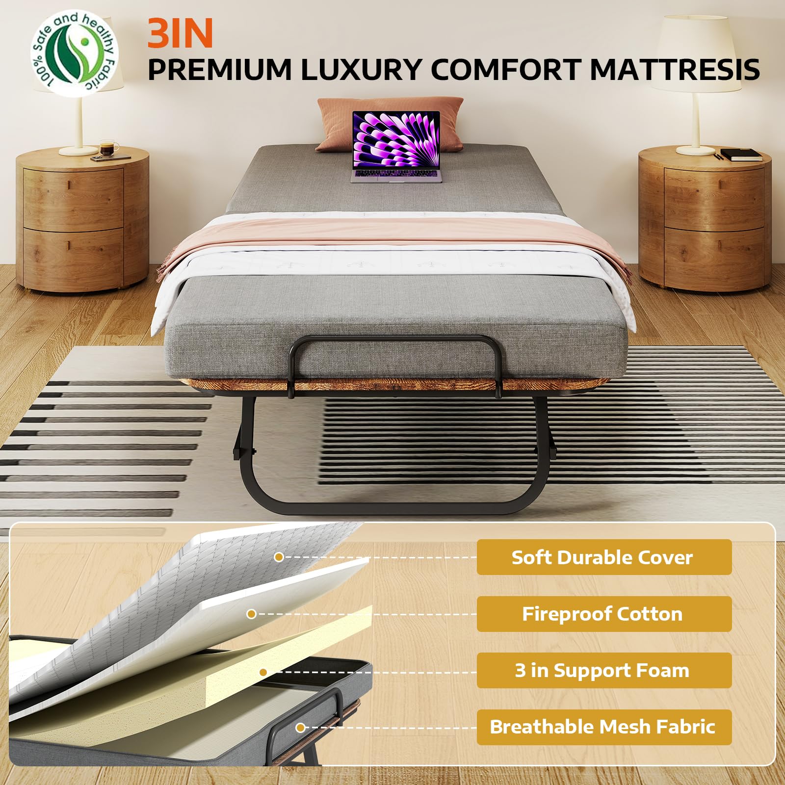 Folding Bed with Mattress for Adults, Portable Foldable Roll Away Bed on Wheels