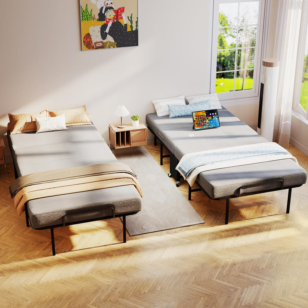 Folding Bed with Mattress for Adults, Portable Foldable Roll Away Bed on Wheels