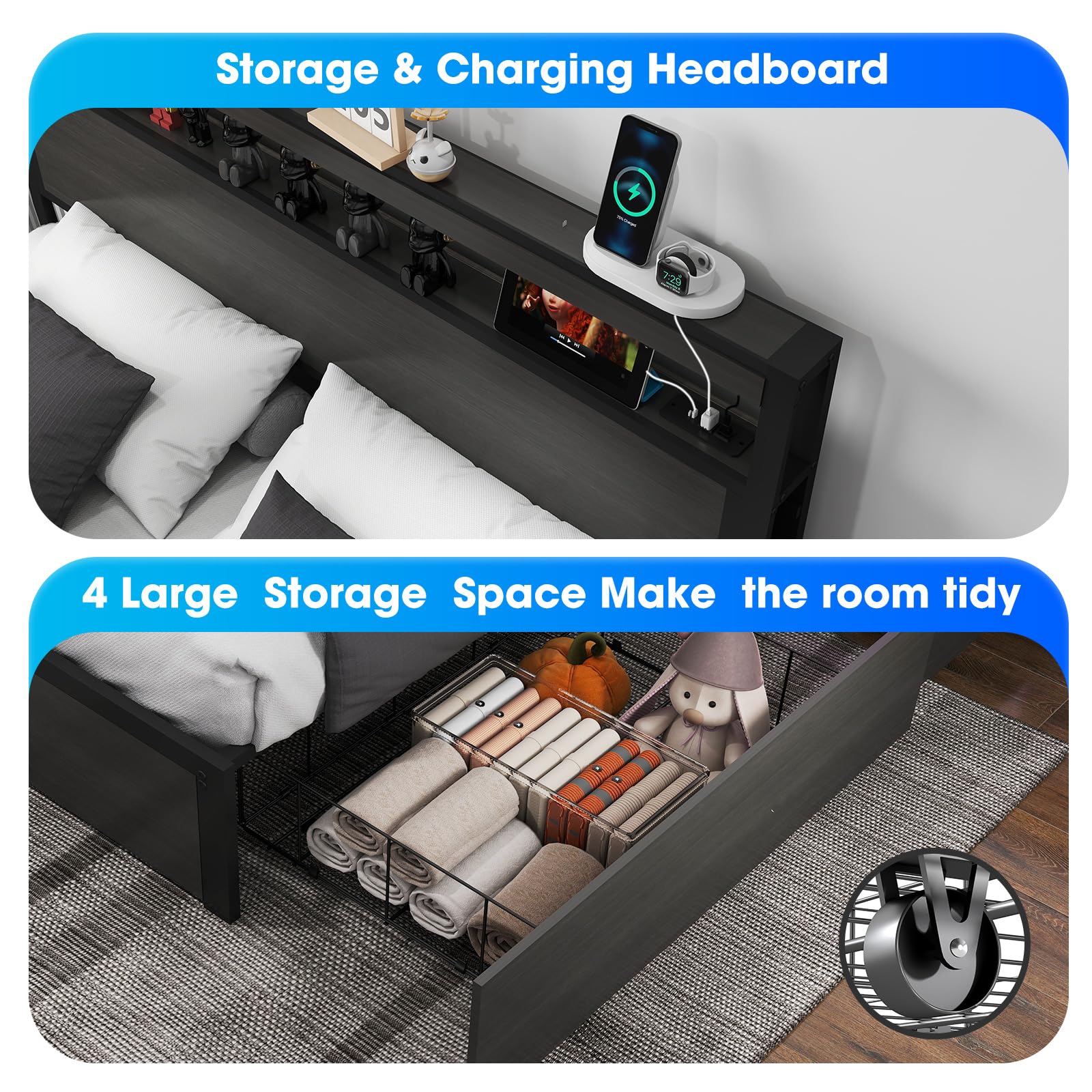 Full Size Lift Up Storage Bed Frame with Charging Station