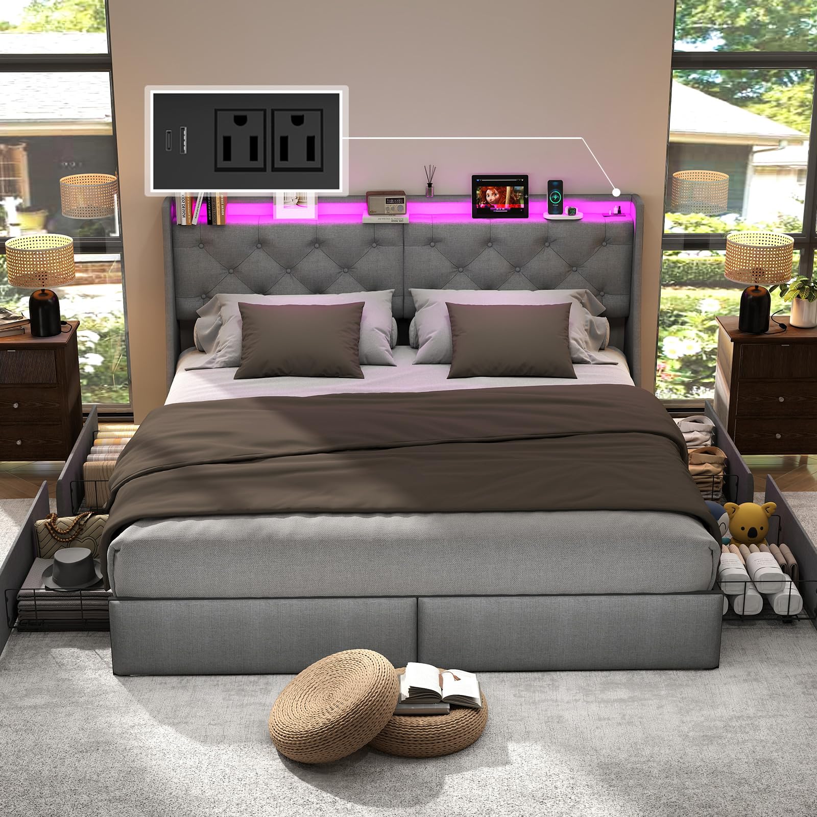 Queen Bed Frame with Headboard and 2 Storage Drawers