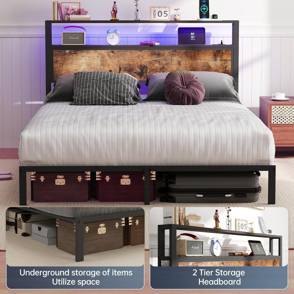 Full Size Lift Up Storage Bed Frame with Charging Station