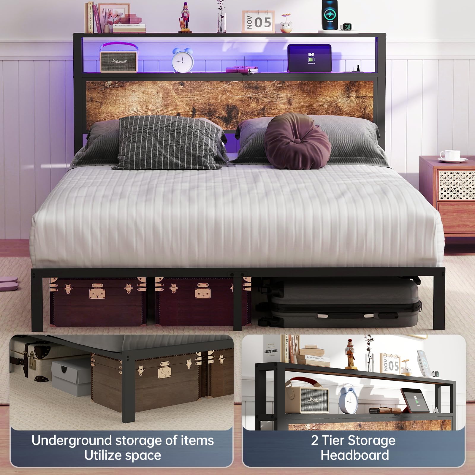 Full Size Lift Up Storage Bed Frame with Charging Station