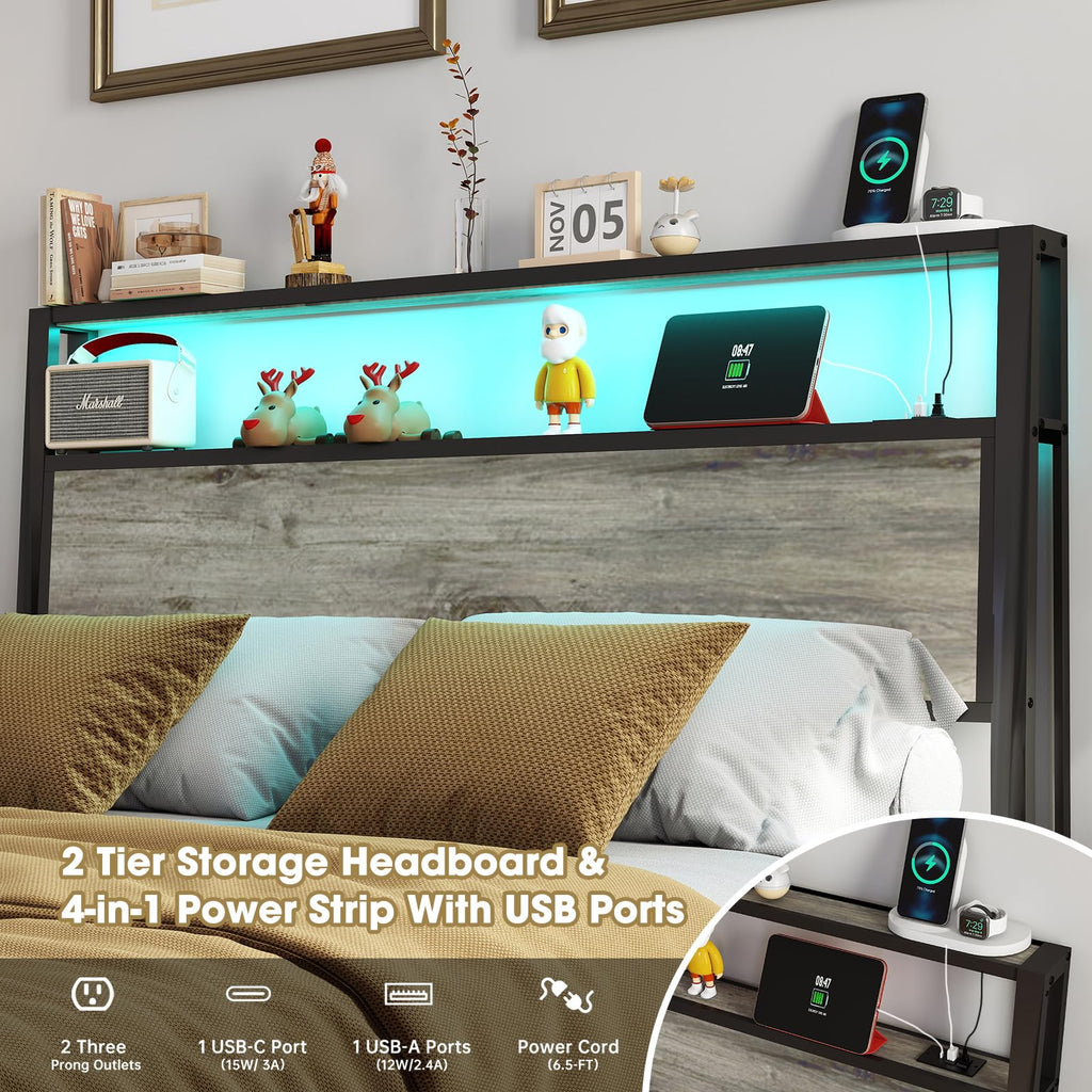 Metal Platform Bed Frame with LED Lights & Charging Station, Under Bed Storage, No Box Spring Needed, Noise Free, Dark Grey