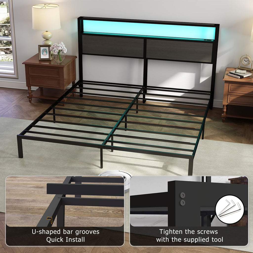 Metal Platform Bed Frame with LED Lights & Charging Station, Under Bed Storage, No Box Spring Needed, Noise Free, Dark Grey