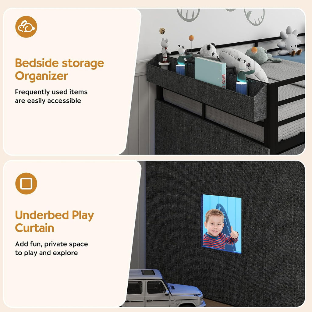 Low Loft Bed with 7 Storage Drawers and Bookcase