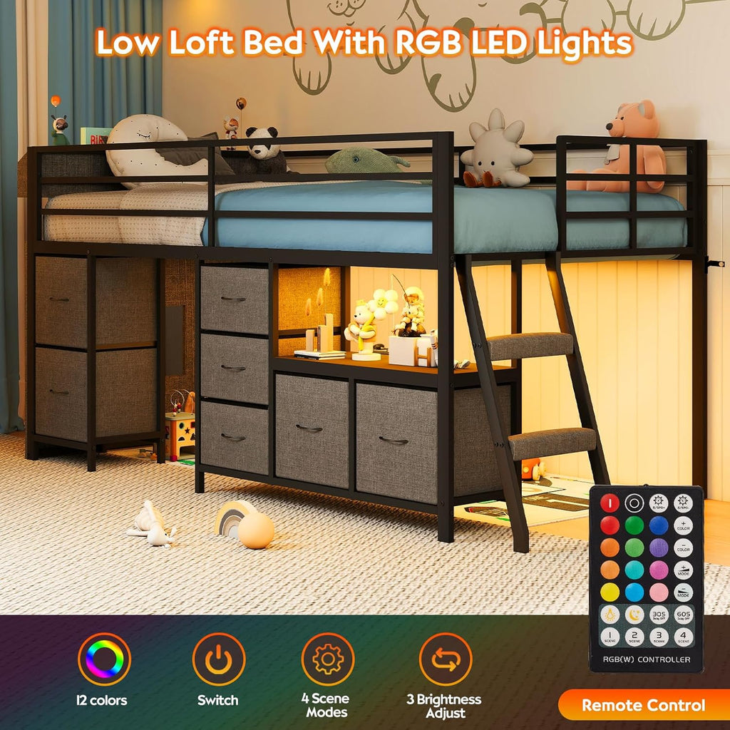 Low Loft Bed with 7 Storage Drawers and Bookcase