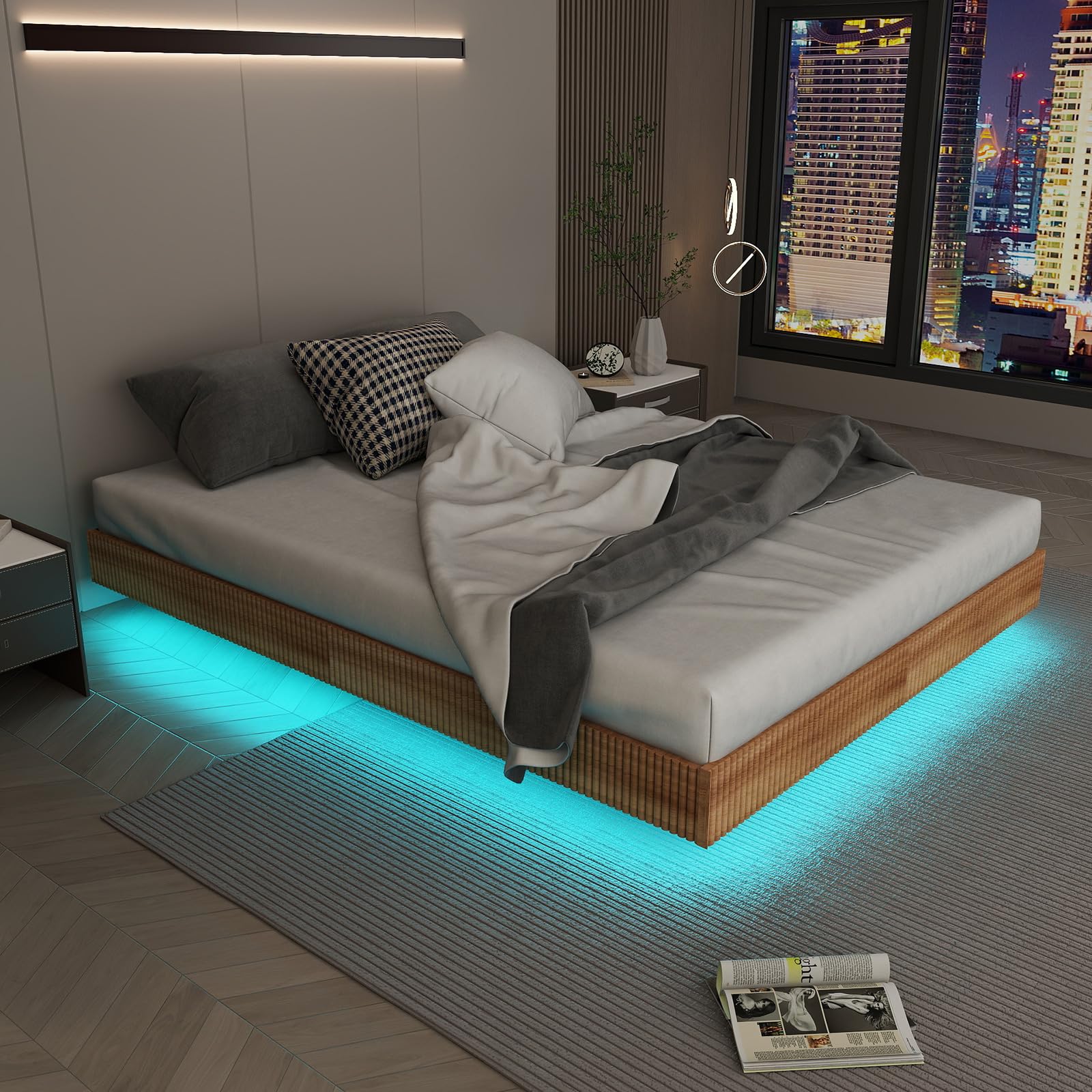 Floating Bed Frame Queen with LED Lights,No Box Spring Needed, Noise Free