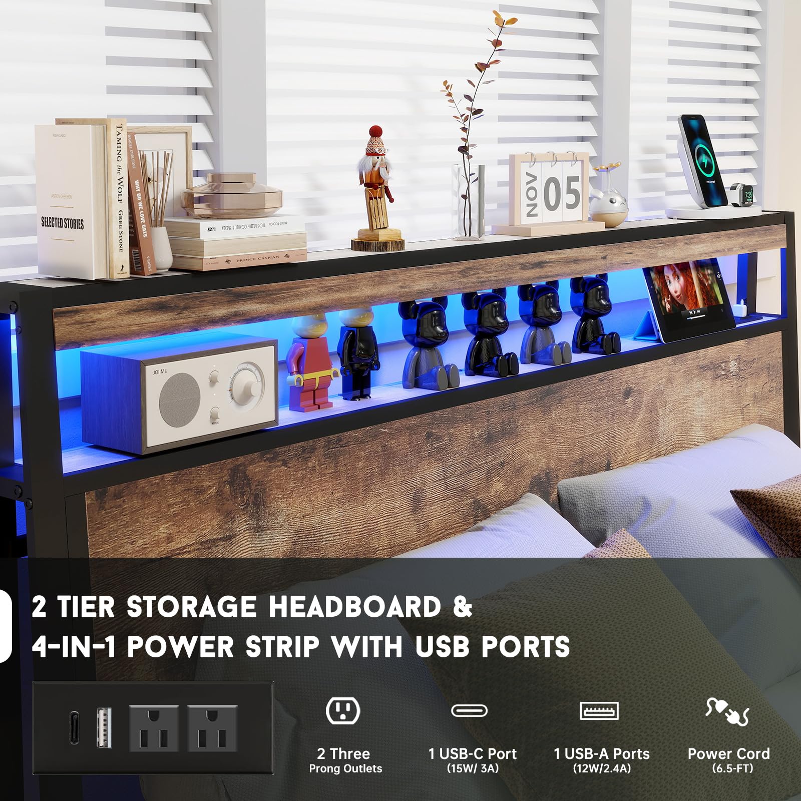 Full Size Lift Up Storage Bed Frame with Charging Station