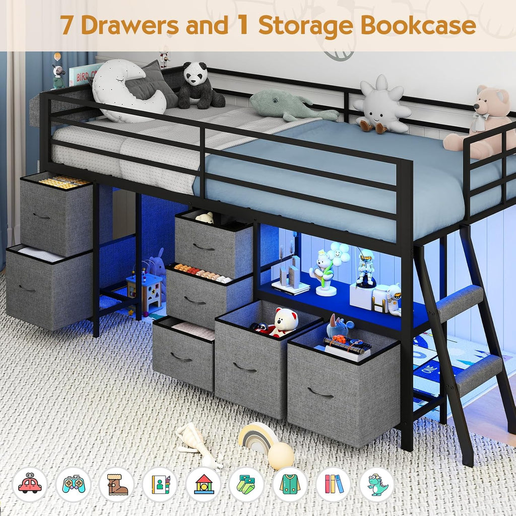 Low Loft Bed with 7 Storage Drawers and Bookcase