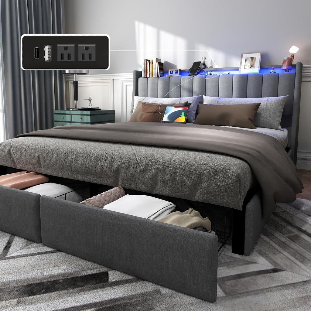 Platform Bed Frame with LED Lights, Headboard & Storage Drawers