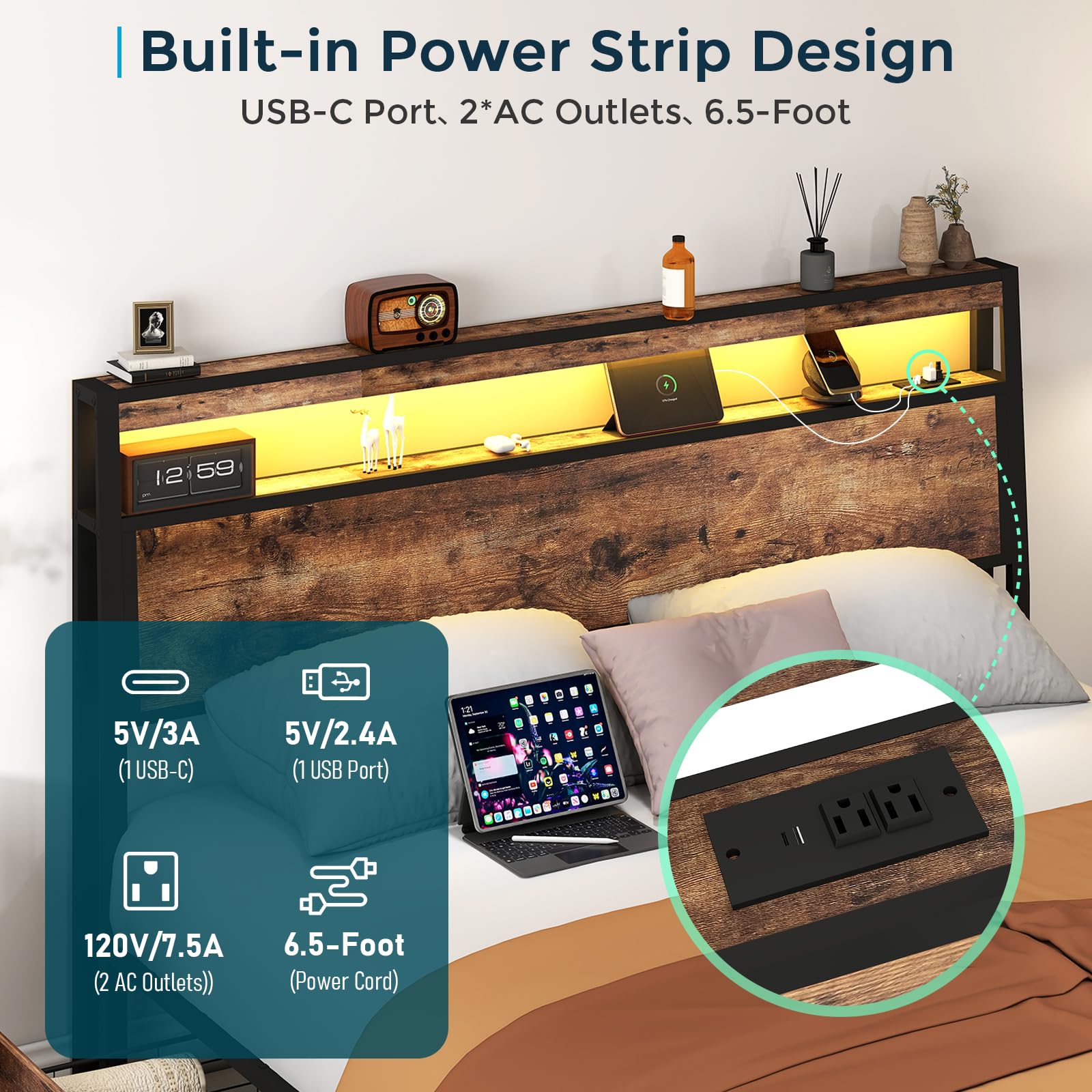 Metal Platform King Bed Frame Wood with 4 Drawers, LED Light, Charging Station, No Box Spring Needed, Noise Free, Easy Assembly, Grey