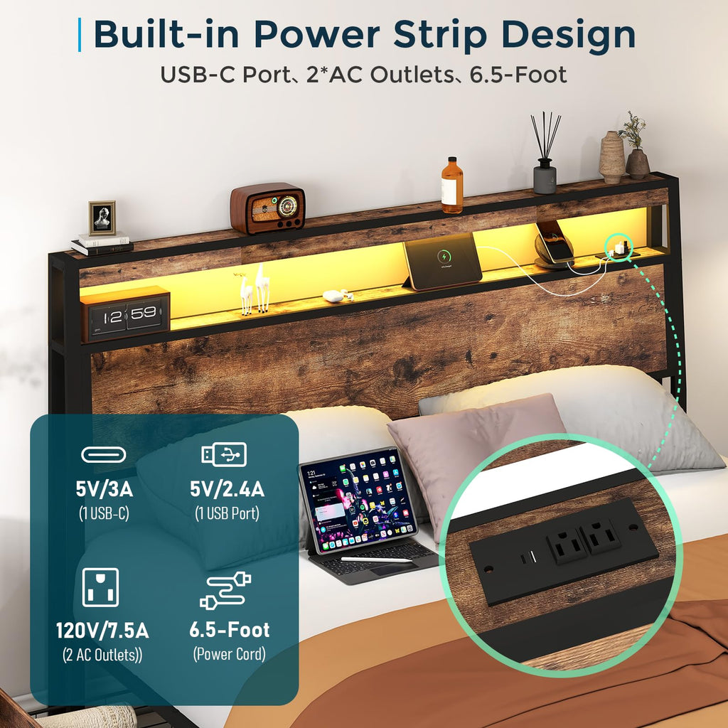 Metal Platform King Bed Frame Wood with 4 Drawers, LED Light, Charging Station, No Box Spring Needed, Noise Free, Easy Assembly, Grey