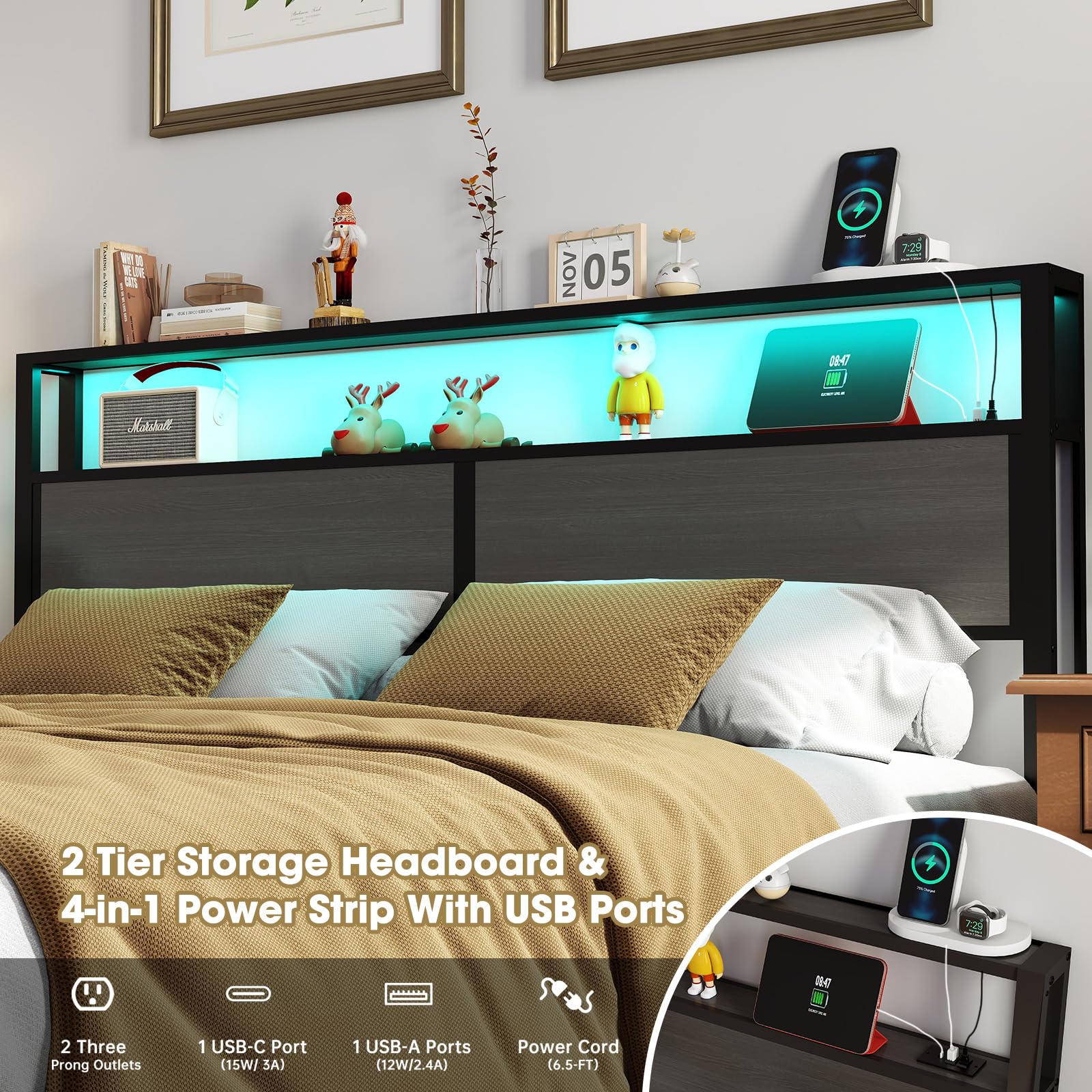 Metal Platform Bed Frame with LED Lights & Charging Station, Under Bed Storage, No Box Spring Needed, Noise Free, Dark Grey