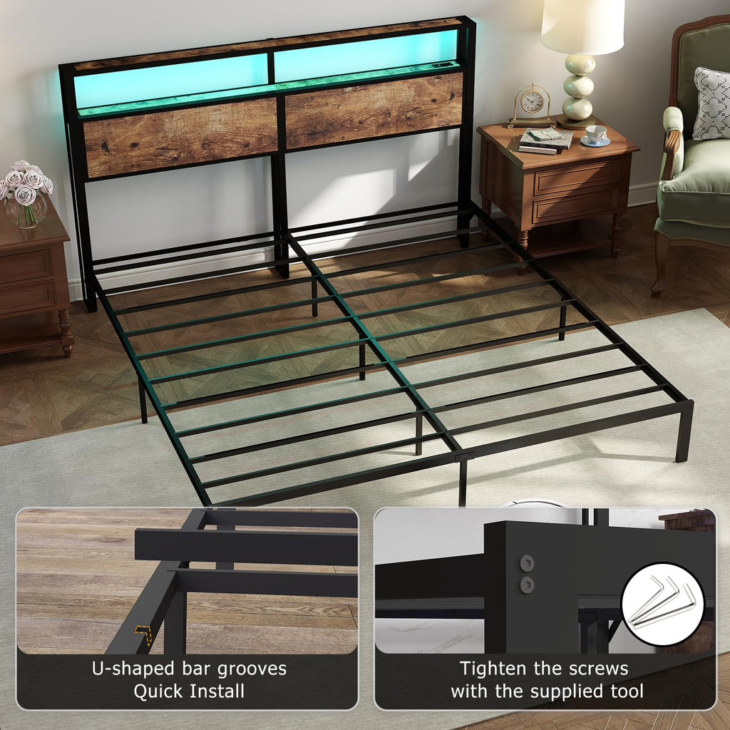 Metal Platform Bed Frame with LED Lights & Charging Station, Under Bed Storage, No Box Spring Needed, Noise Free, Dark Grey