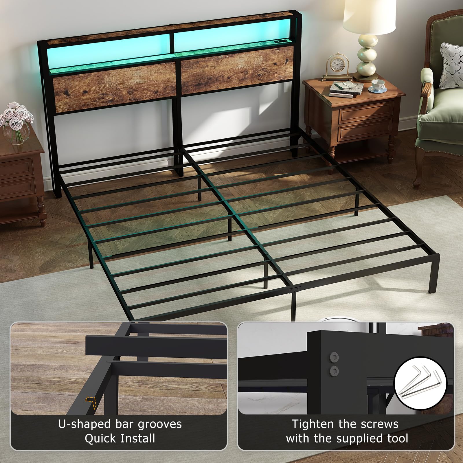 Metal Platform Bed Frame with LED Lights & Charging Station, Under Bed Storage, No Box Spring Needed, Noise Free, Dark Grey