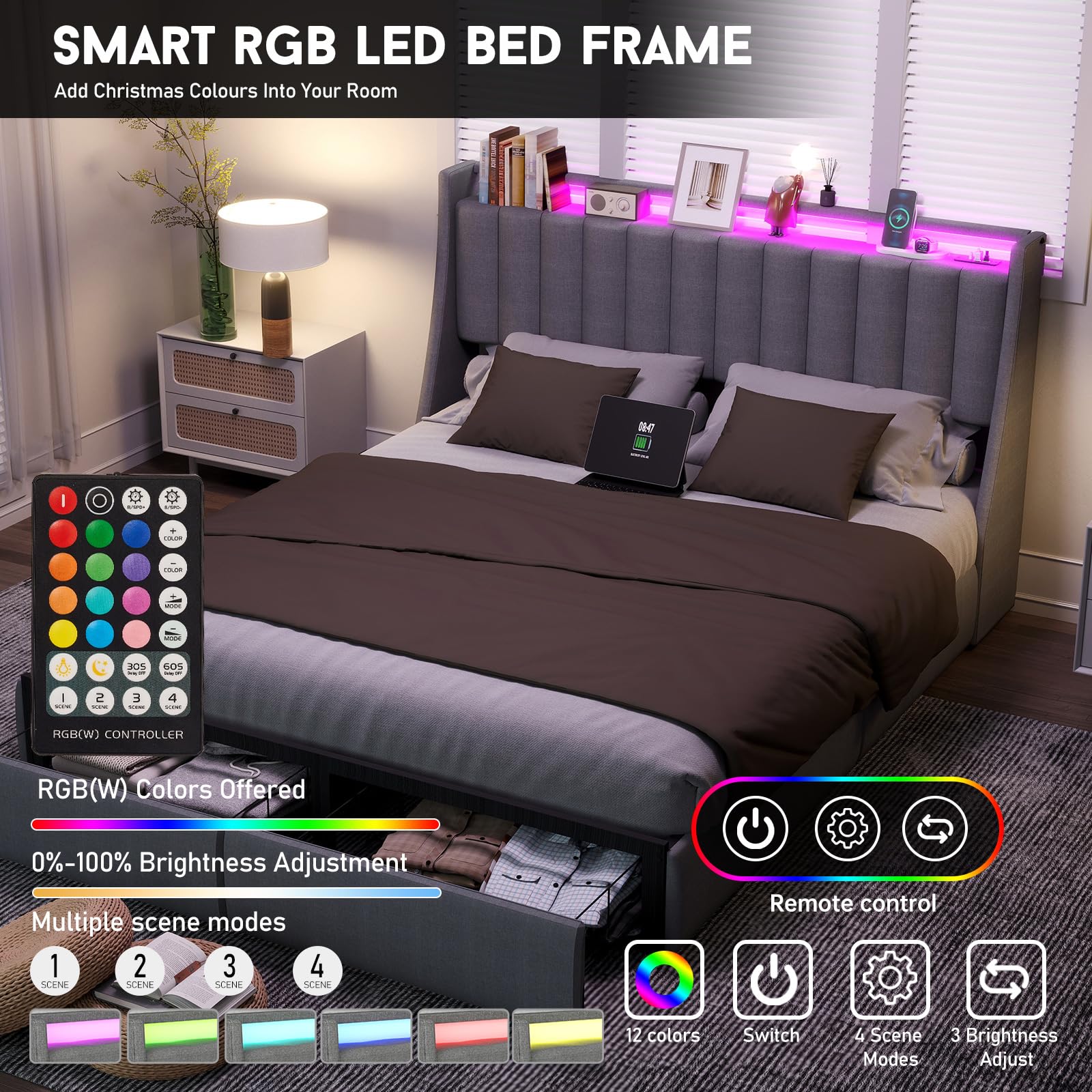 Queen Bed Frame with Headboard and 2 Storage Drawers