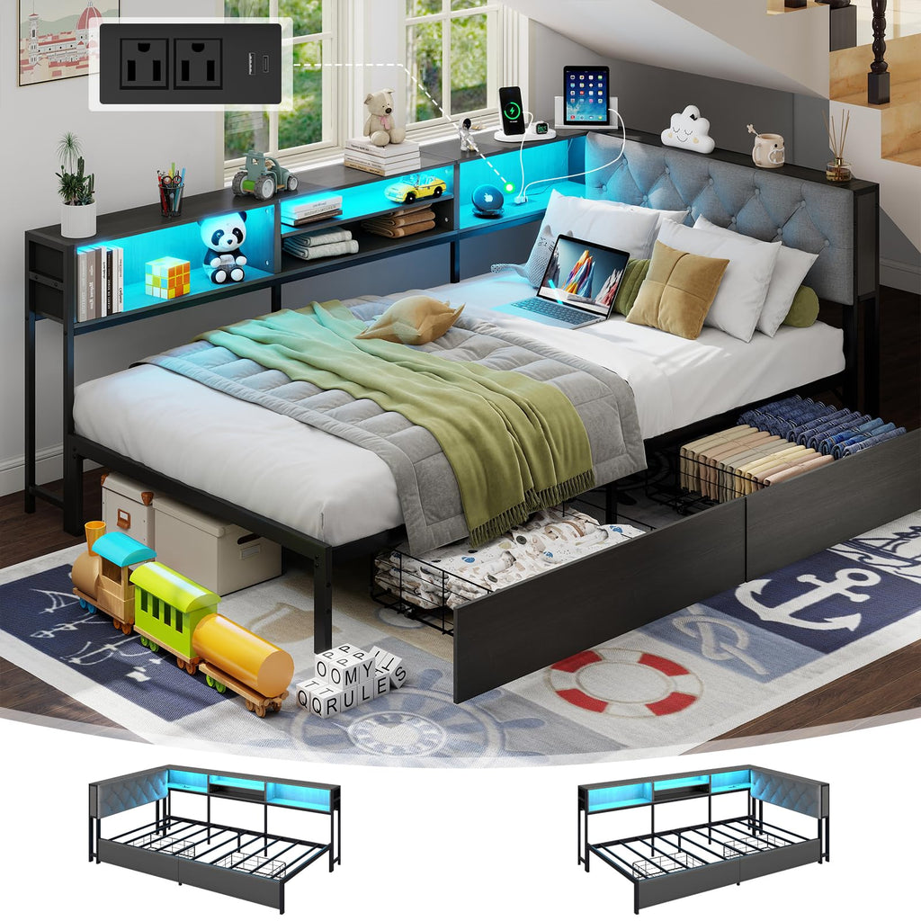 Corner Bed Frame with Storage Bookcase and LED Lights