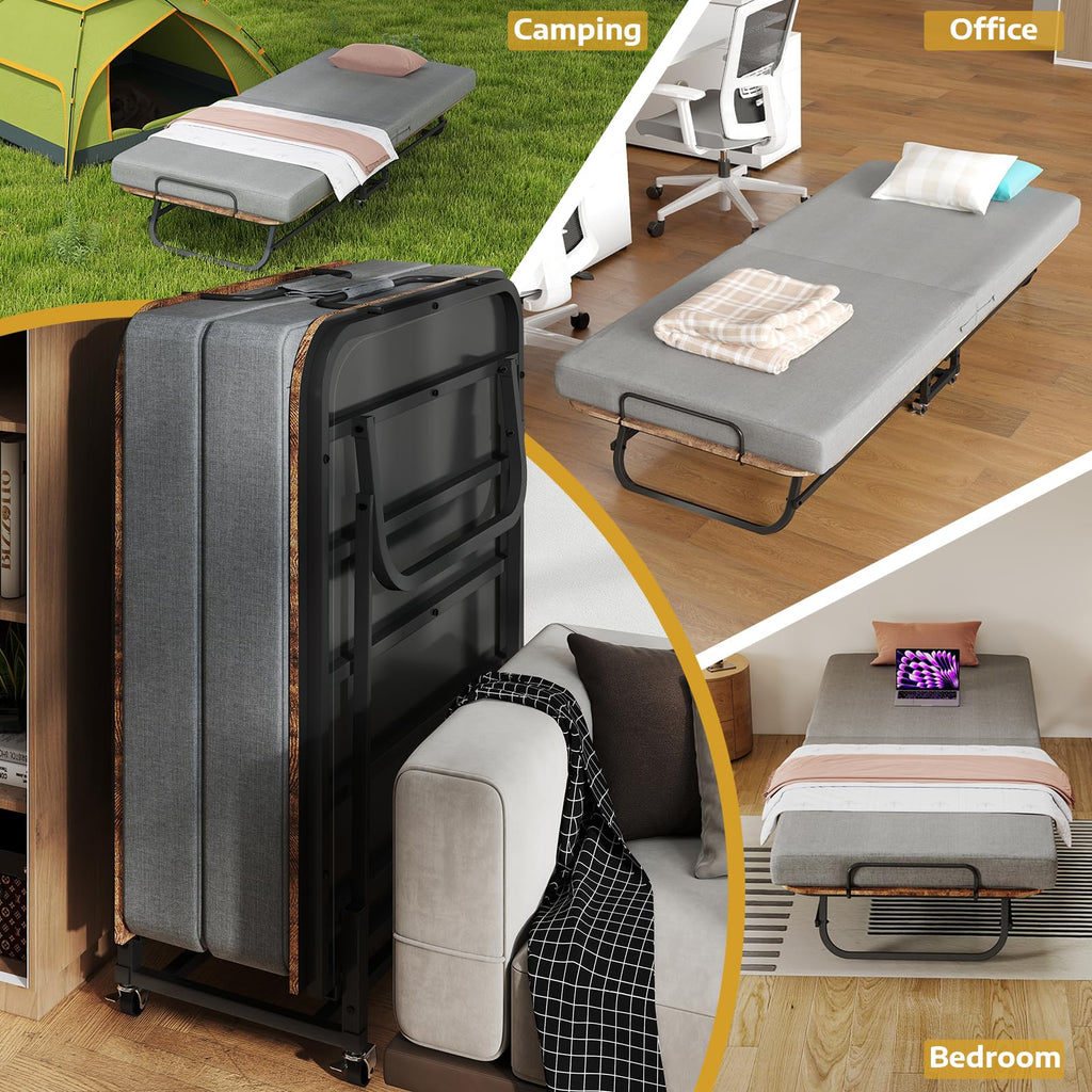 Folding Bed with Mattress for Adults, Portable Foldable Roll Away Bed on Wheels