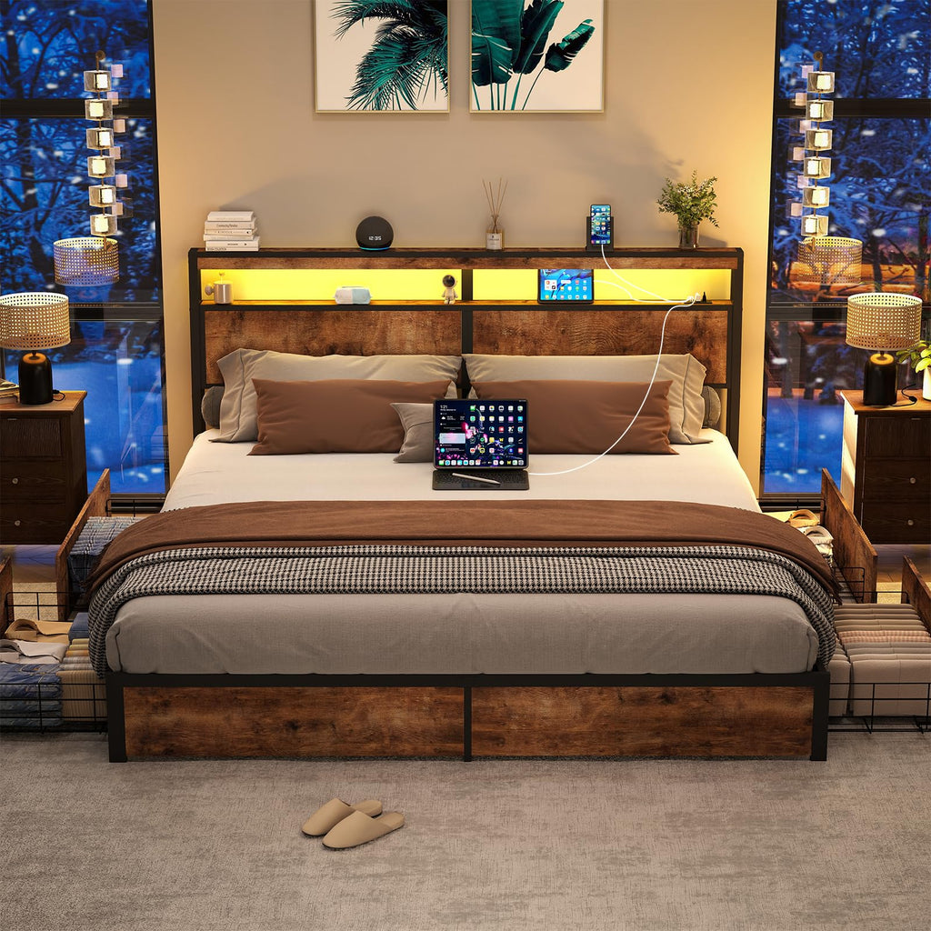 Vintage Brown Wooden Headboard Platform Bed Frame with Storage Drawers, LED Lights, and Charging Station | Full, Queen & King