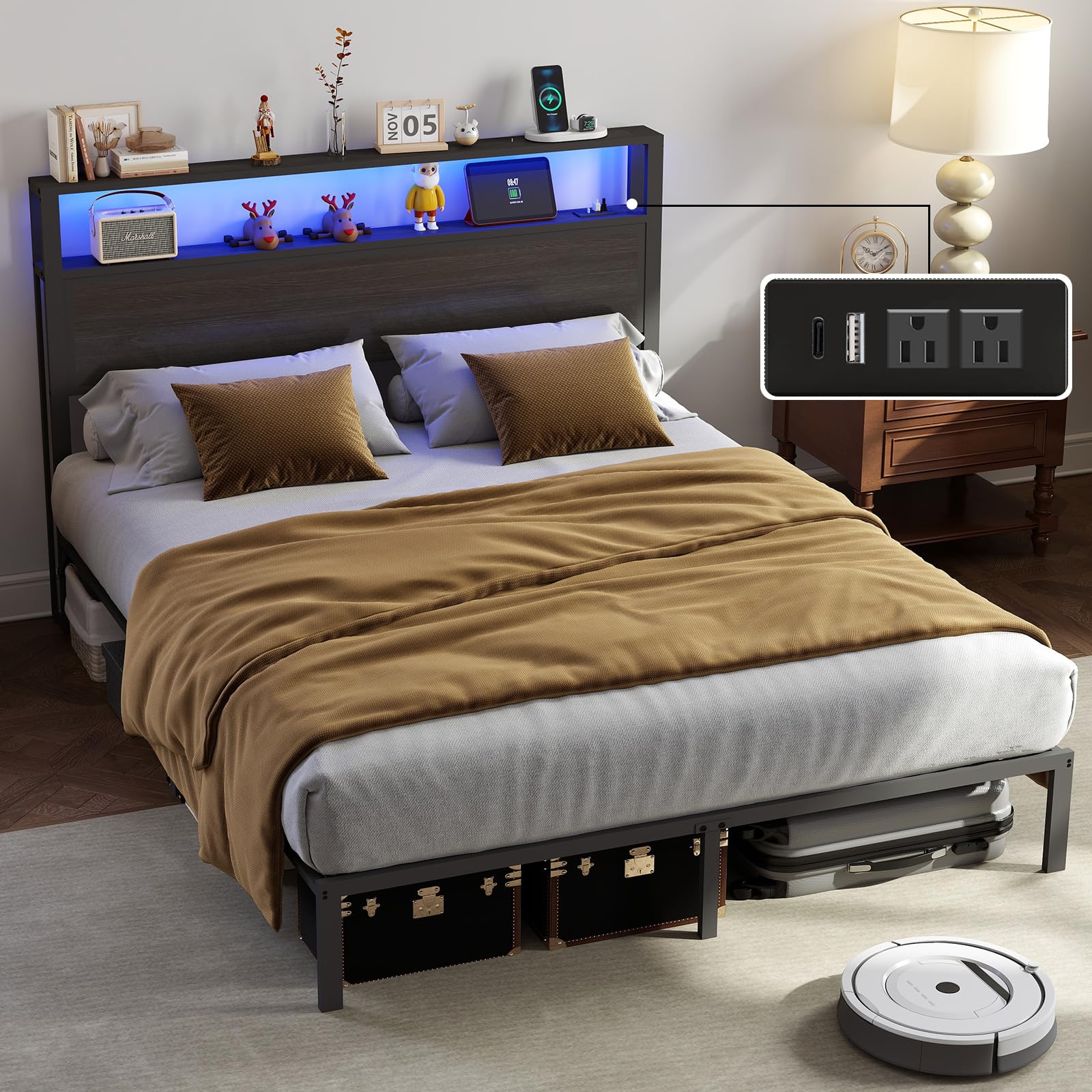 Metal Platform Bed Frame with LED Lights & Charging Station, Under Bed Storage, No Box Spring Needed, Noise Free, Dark Grey