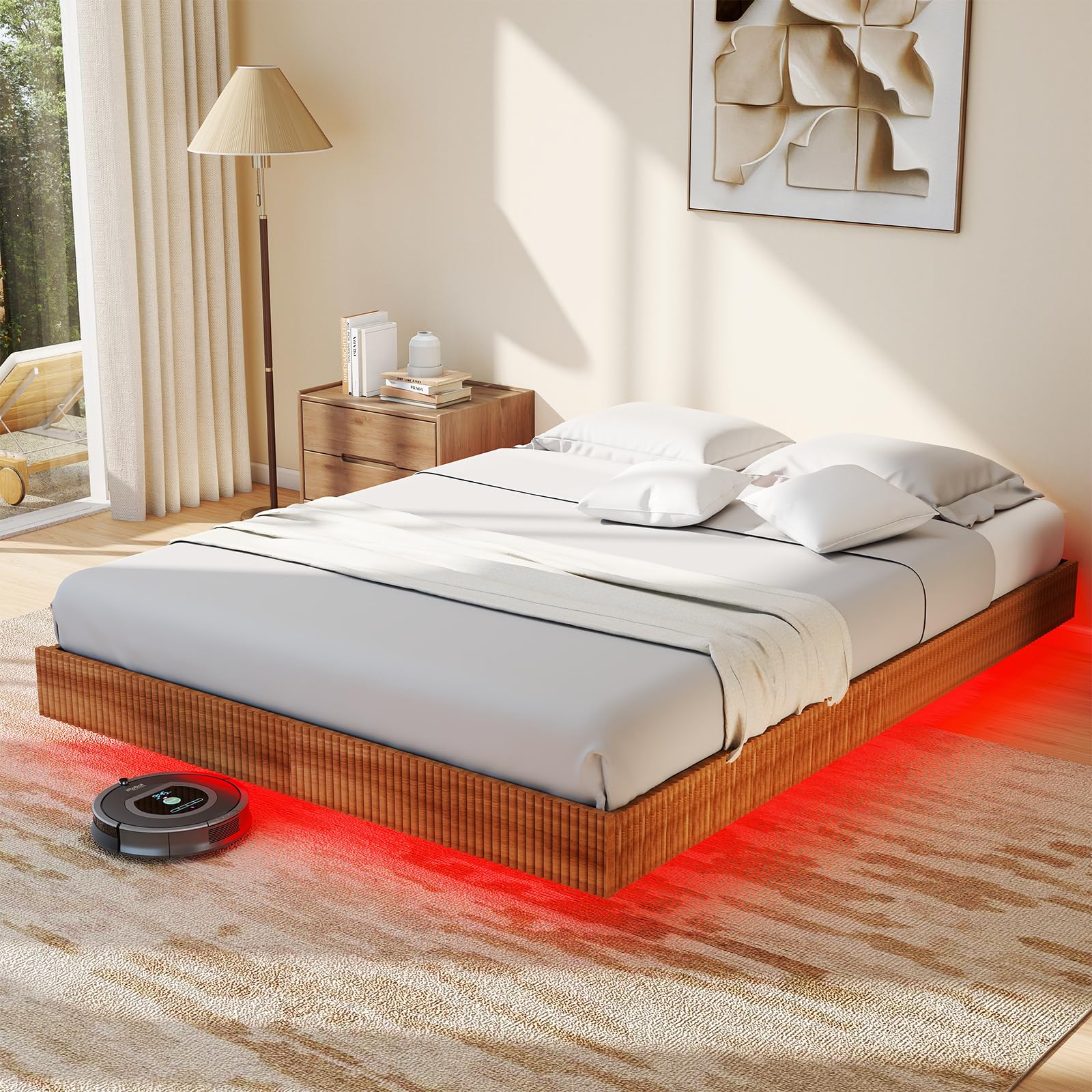 Floating Bed Frame Queen with LED Lights,No Box Spring Needed, Noise Free