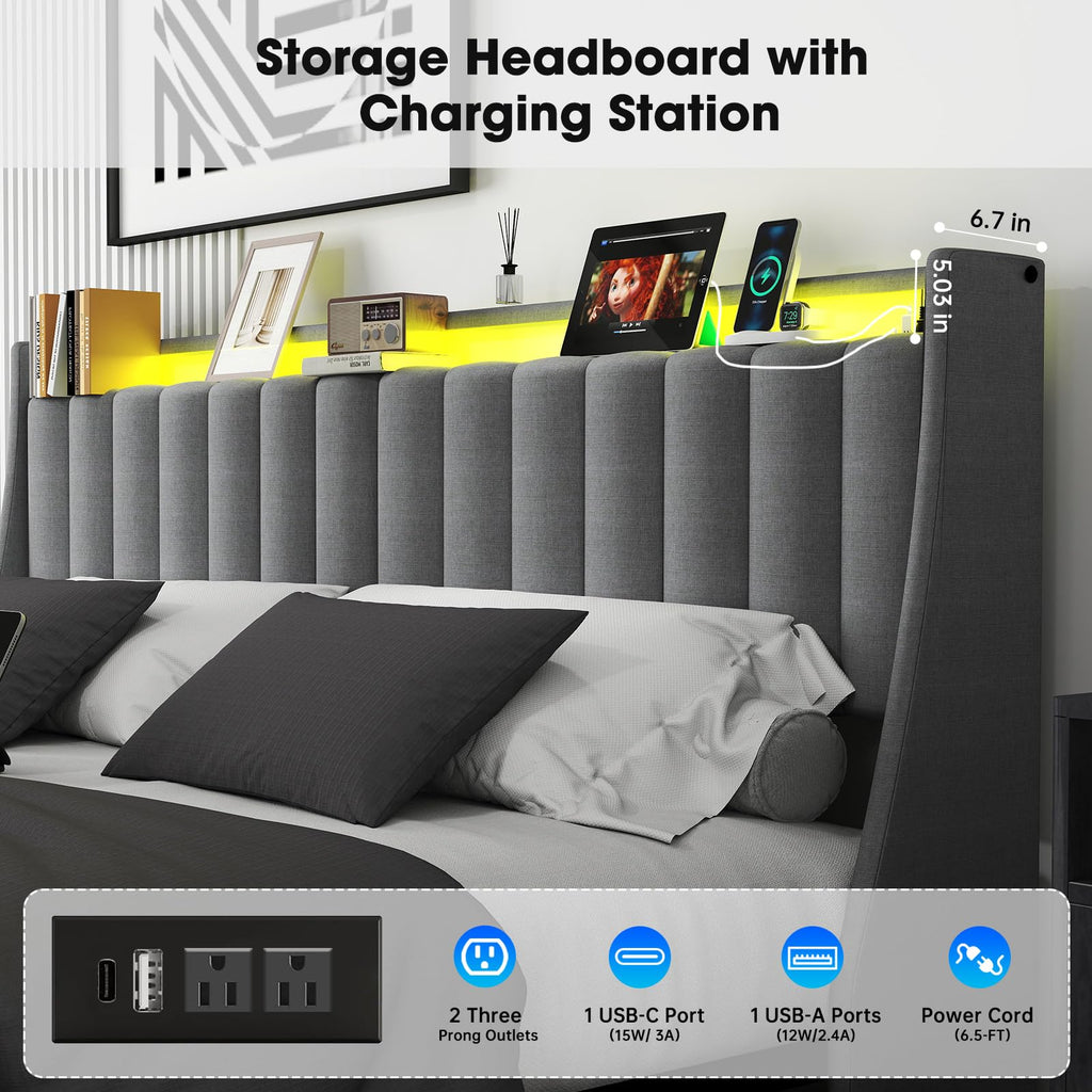 Queen Bed Frame with Headboard and 2 Storage Drawers