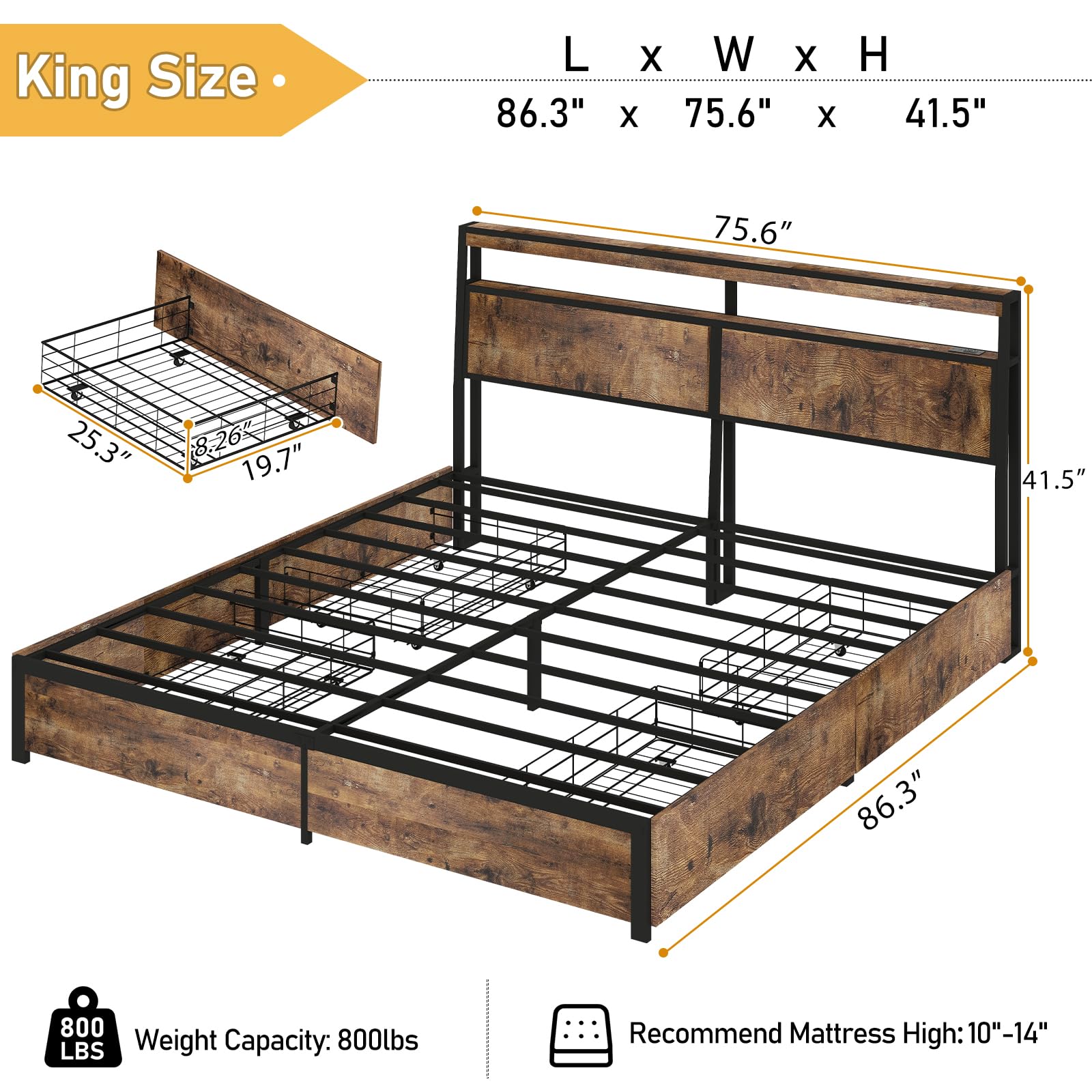 Metal Platform King Bed Frame Wood with 4 Drawers, LED Light, Charging Station, No Box Spring Needed, Noise Free, Easy Assembly, Grey
